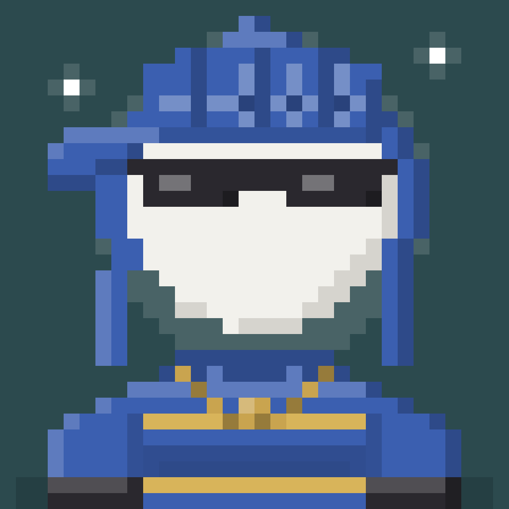 Drip Upgrade #128 at Level 4: blank white head, cobalt 5-panel, shades, cobalt hoodie.